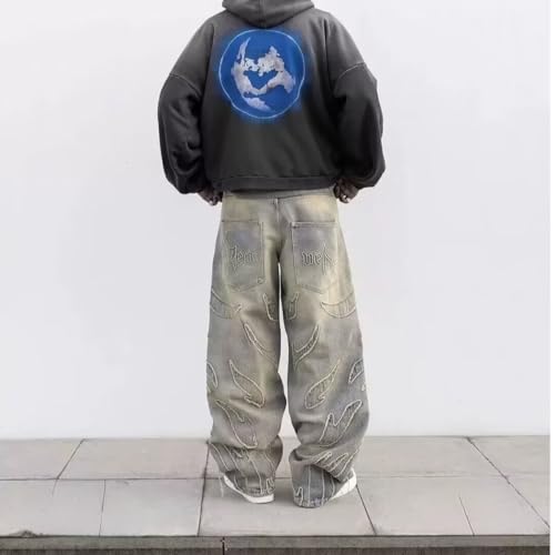 Y2K Men's Street Retro Hip-hop Flame Splicing Wide Leg Gothic Loose Jeans2