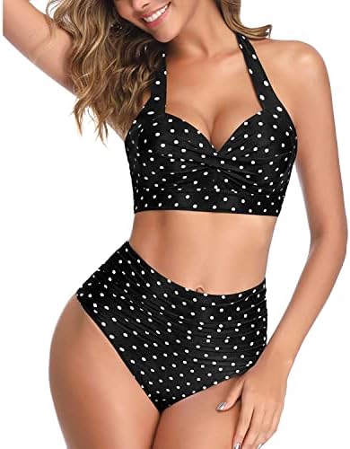 Tempt Me Women Two Piece Swimsuit High Waisted Bikini Halter Vintage Retro Bathing Suit Push up Swimwear, Black Little Dot 1, Large - 1