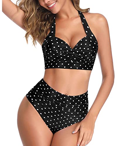 Tempt Me Women's Vintage Swimsuits Black Little Dot Retro Halter Ruched High Waist Bikini With Bottom M #TOP1