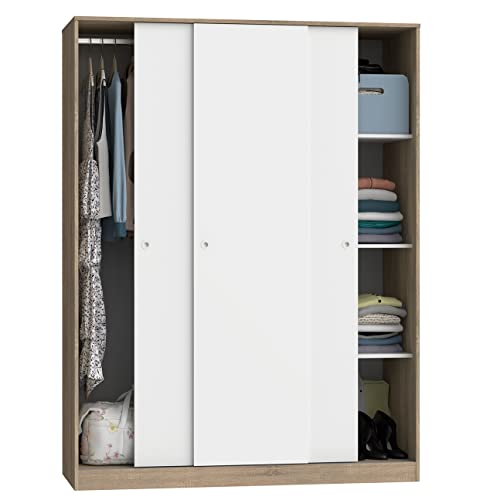 JUANIO Armario 3 Puertas Correderas y Estantes, para Dormitorio o Habitación, Acabado en Blanco y Cambrian, Medidas: 150 cm (Largo) x 200 cm (Alto) x 55 cm (Fondo) - imagen 3