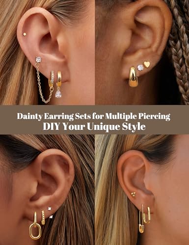 YADOCA 13Pairs Gold Earrings Stacks for Women Dainty Huggie Hoop Earrings Hypoallergenic 14k Gold Plated Flat Back Stud Cartilage Earring Sets for Multiple Piercing Pack4