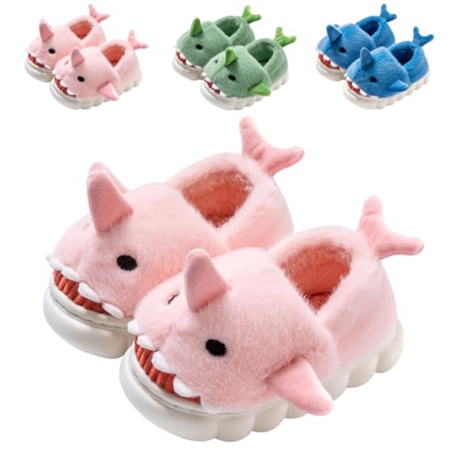 DRECAGE Kids Shark Toddler Slippers Boys Girls Winter Plush Warm Anti-Slip Soft Children Cute Cartoon House Shoes Pink 8-9 UK Child 26-27 EU