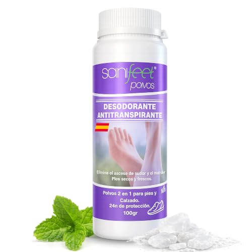 Sanifeet Polvos Desodorante para Pies y Calzado 100g Antitranspirante Natural con Talco Alumbre Óxido de Zinc y Menta – Elimina Mal Olor, Absorbe Sudoración, Refresca, para Zapatillas, Zapatos y Niños