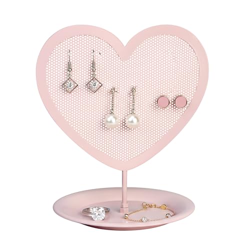 Parlor Boudoir Earring Holder for Girls Heart-Shaped Pink Metal Earring Organizer Stand with Tray for Rings & Bracelets Cute Jewelry Display for Teen Room Decor