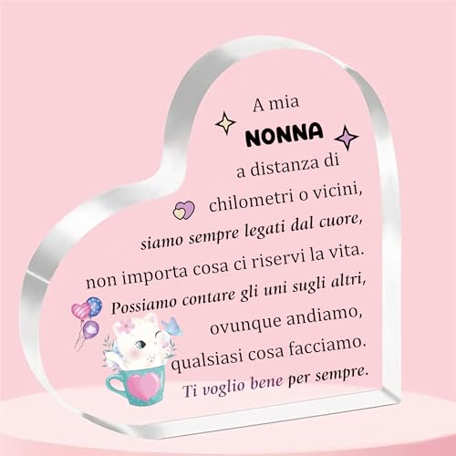FCZIVA Nonna Targhe e Cartelli Decorativi Acrilico Cuore Placca Ornamenti Donne Festa della Madre Regali Scrivania Segno Gatto Compleanno Regalo Natale Nonnina Pensionamento Grazie Apprezzare Ricordi