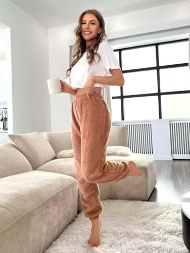 Image of KOTTY Women's Plush Coral Fabric Tapered Fit Pant - Warm Winter Wear with Soft Fuzzy Texture