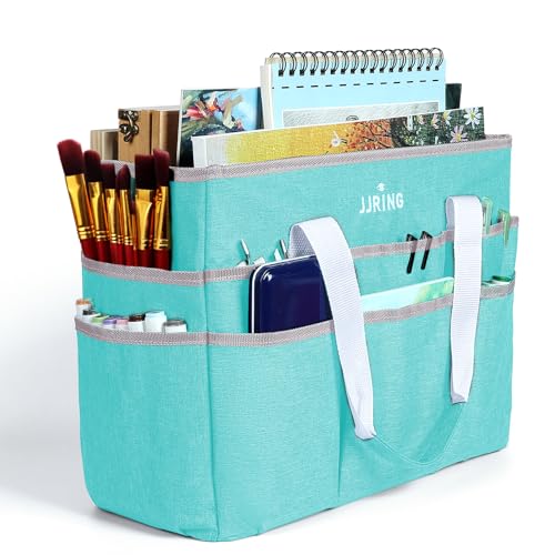 Image of JJRING Craft Organizer Tote Bag, Large Art Storage Caddy with Multiple Pockets, Sky Blue Sewing Bag for Art, Craft, Scrapbooking, School, Medical, and Office Supplies Storage