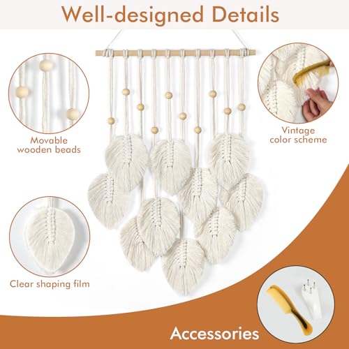Betylifoy Makramee Wandbehang Boho Deko, Makramee Wandteppich mit Holzperlen und Grün Blätter Tapisserie Wandbehang für Schlafzimmer Kinderzimmer Wanddeko (Beige)