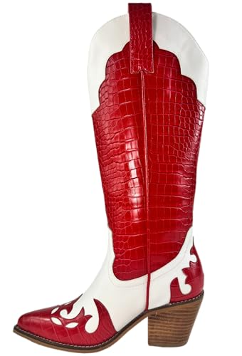 ARIDER GIRL Pamela Women's Knee-High Croco Printed Stacked Heel Snip Pointed Toe Western Boots2