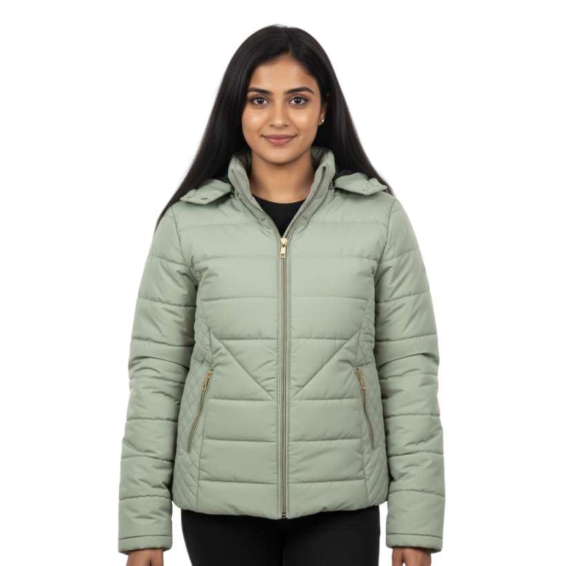Image of Women's Nylon Puffer Jacket for Winter | Lightweight Warm Quilted Outerwear with Hood | Front Zipper Closure & Secure Pockets | Wind-Resistant Casual Jacket for Women