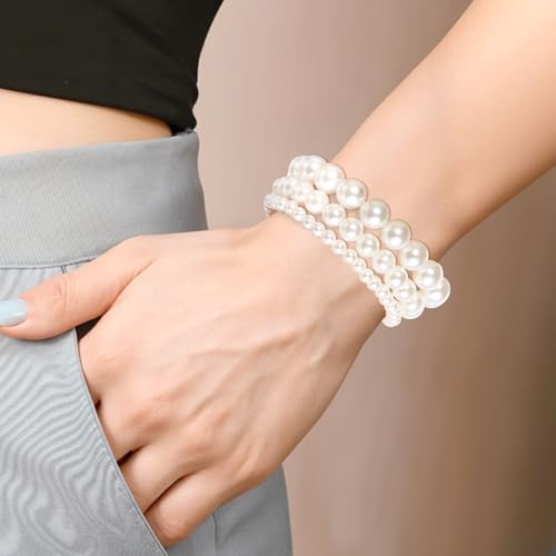 6 PCS White Pearl Bracelets, Elastic Faux Pearl Bracelet Stretch, Stackable Fake Pearls Bead Bracelets Bridesmaid for Women Daily Wear Bridal Wedding Party Gift (10/8/6/5 mm Pearl)4