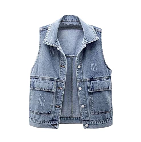 Veste en jean sans manches coupe confortable XXL pour femme veste bleu ciel style effiloché