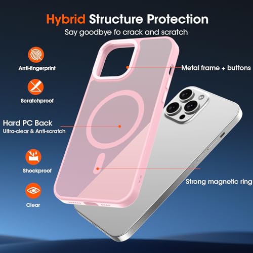 KPPIT Magnetic Case for iPhone 15 Pro Compatible with MagSafe, Shockproof Drop Protection, Frosted Translucent Back Phone Case for iphone 15 Pro,Pink