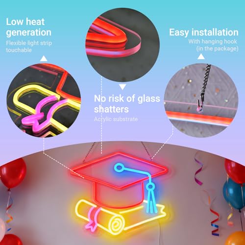 Image of Congrats Grad Neon Sign with Cap & Diploma - 3-Color Red Yellow Ice Blue Graduation Decorations 2026, 10-Level Dimmable LED Wall Light, USB Powered Gift for Graduate, 14.5 inchx12.6 inch