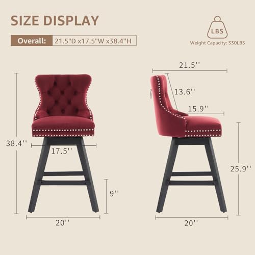 Set de 4 Butacas de Bar Giratorias, Terciopelo Rojo, Altura para Barra con Respaldo | Butacas Giratorias para Barra con Asiento Acolchonado, Respaldo Curvado, Patas de Madera Maciza y Detalle de Tachuelas miniatura 2