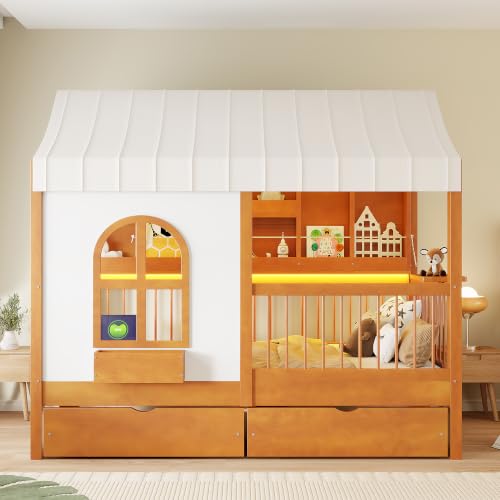 Image of House Bed with Tent and Bookshelf, 2 Drawers, USB Charging
