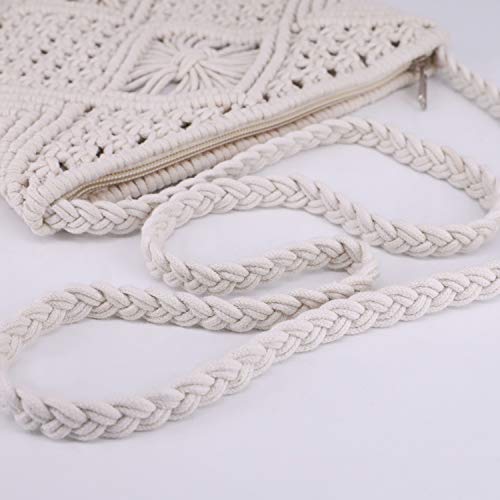 Women's Crochet Crossbody Bag Hand-Woven Boho Long Tassels Summer Beach Cotton Messenger Shoulder Bag with Zipper (White)3