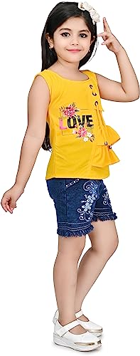 Image of Zenat Girls Polycotton Regular Fit Printed Round Neck Half Sleeve Casual Wear Top & Pant Set (Yellow 6-7 Years) SD20-Y-6 /7