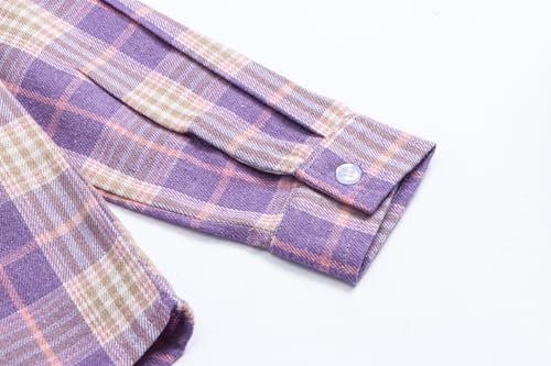 Image of SANGTREE Women and Girls Oversized Flannel Plaid Shirt Mid-Length Casual Button Down Shirt with Pockets