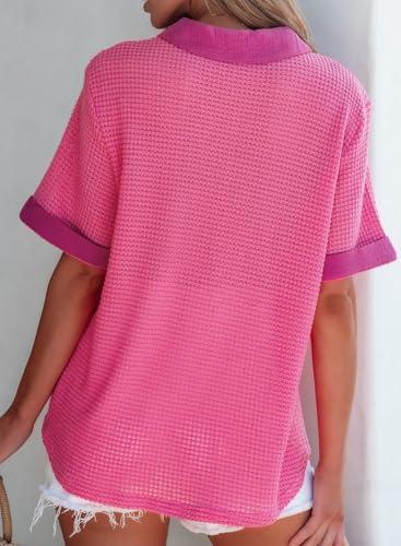 Image of Astylish Womens Waffle Knit Button Down Shirts Tops Casual V Neck Short Folded Sleeve Dressy Blouses