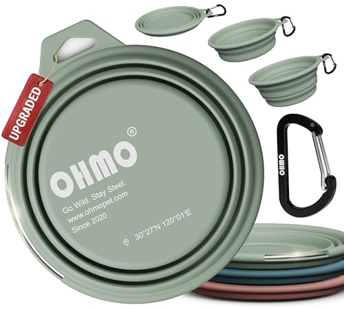 OHMO Ciotola Cane Portatile con Anello Acciaio Inox (800ml, Verde Chiaro), Ciotola Pieghevole in Silicone per Cani Medi e Grandi, Accessorio Viaggio Camping