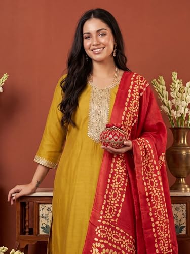 Image of INDO ERA Women's Silk Blend Embroidered Sequinned Kurta & Pant with Dupatta Set