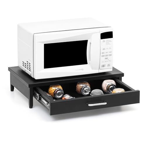 Image of Livzing Metal Microwave Oven Stand Drawer OTG Corner Shelf Tabletop Floor Standing Modern Oven Rack Storage Cabinet Multifunctional Dish Racks Toaster Organizer Powder Coated Finish Utility - Black