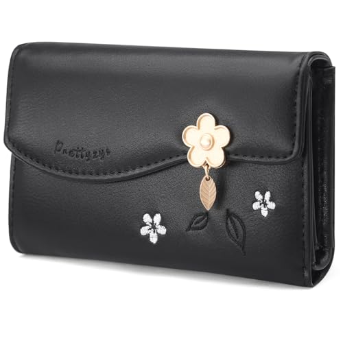 Portafoglio Donna Piccolo pelle PU Carina Sottile in formato corto con Cerniera Portamonete e Chiusura a Scatto Scomparti per Carte Multipli M-Nero