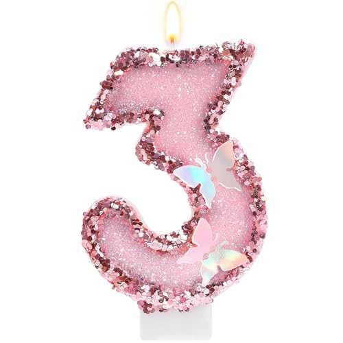 Pink Butterfly Number 3 Birthday Candle Glitter Sequins Candle Cake Topper Cupcake Decorations for Anniversary Celebrations Party Supplies