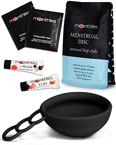 MOONTHLIES Reusable Menstrual Disc | Period Disc with Removal Loop Stem | Alternative to Menstrual Cups for Light or Heavy Flows | Sustainable Alternative to Tampons/Pads (1 Large Period Disc, Black)