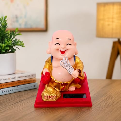 Image of Solar Laughing Buddha Showpiece for Car Dashboard, Home & Office Decor | Auto Rocking Smiling Buddha Idol with Solar Panel | Feng Shui Lucky Buddha Decorative Statue Gift Item
