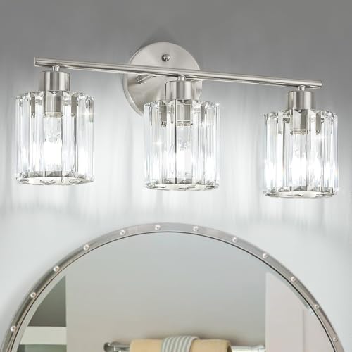 Image of Modern Brushed Nickel Crystal Bathroom Light Fixtures,3-Light