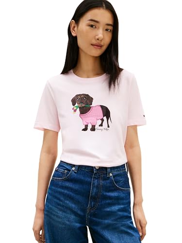 Tommy Hilfiger Women's Regular Crew Neck Graphic T-Shirt with Dog Design, Light Pink X-Large