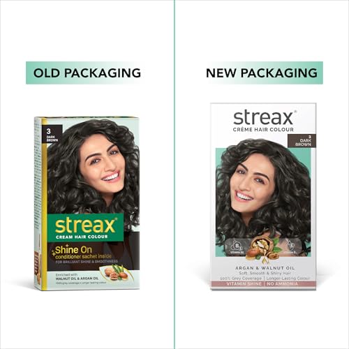 Streax Women's Crème Permanent Hair Colour - 3 Dark Brown Hair Color, 100% Grey Coverage,Ammonia Free Hair Color, Long Lasting Hair Colour, Colourant Tube 60G, Developer Bottle 60Ml, Conditioner 20G