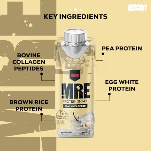 Image of REDCON1 MRE Ready to Drink Protein Shakes, Vanilla Milkshake - Protein Drinks with Whole Food Sources - Sugar Free RTD Shake Formulated to Fuel Athletes at Any Time (12 Pack)