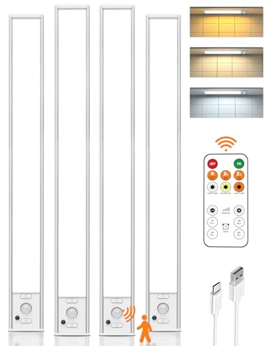 Under Cabinet Lights, 80 LED Motion Sensor Light Indoor,4000mAh USB Rechargeable Closet Light with Remote Control,3 Color Temps Wireless Under Counter Lights for Bedroom,Kitchen,Stairs,4 Pack