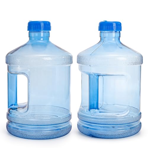 Dicunoy 2 PCS 1 Gallon Water Jug Plastic Gallon Water Bottle with Handle Sturdy Round Reusable Water Jug for Gym Sports Office Camping Outdoor Refrigerator