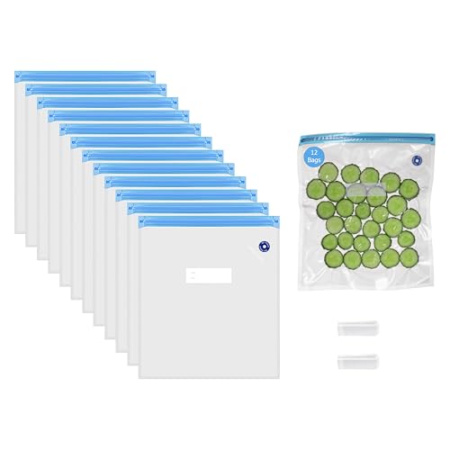 Image of Basicwise 12 inch x 13 inch Set of 12 Reusable Airtight and Resealable Food Storage Bags Durable & Convenient Solution for Fruits Fresh Vegetables Cooked Meals & Leftovers Compatible with Most Vacuum Sealers