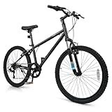 Goplus Mountain Bike, 20/24 Inch Kids Bicycle w/ 6-Speed Drivetrain, Suspension Fork, Dual Brakes, Adjustable Seat, Outdoor Cycling Children City Bike for Boys Girls (24Inch,Black)