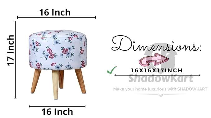 Image of Ottoman for Living Room, Velvet Round Foot Rest Stool, Wooden Legs Chair for Sitting, Ottoman for Bedroom & Makeup Room Decor | Chair (18 inchx18 inchx32 inch), Puffy (16 inchx16 inchx17 inch) | White Flower