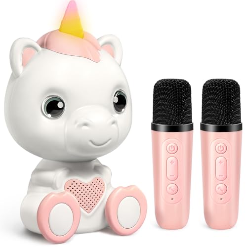 Mini Karaoke Machine for Kids - Unicorn Portable Bluetooth Speakers with 2 Wireless Mic and LED Light, Toddler Karaoke Machine for Girls 3-5 6 8-12 Year Old, Unicorn Birthday Gifts Toys Pink