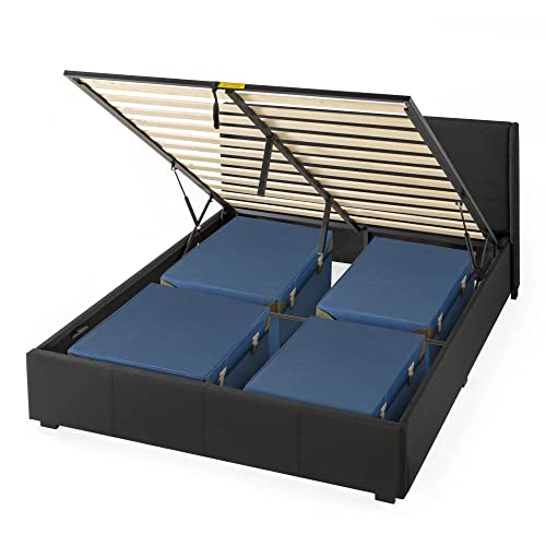 Zinus Maddon Polsterbett 140x200 cm mit Stauraum - 31 cm Hohes Bett mit Lattenrost aus Holz & Kopfteil - Hydraulischer Hebemechanismus & Stauraum - Schwarz