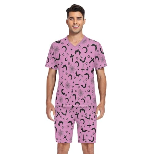 Men's Short Sleeve Pajama Set Bats Crosses Stars Gothic Summer Pjs Set 2 Piece Loungewear Sleepwear with Pockets4