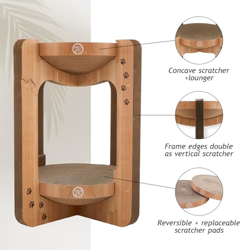 Image of Necoichi Cat Scratcher Tower for Indoor Cats - Cat Scratching Post Lounger with Reversible Usability and Extra Comfort for Lounge, Cardboard Bed Couch / (XL, Oak)