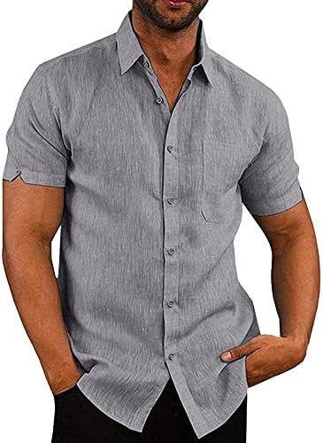JEKAOYI Button Down Short Sleeve Linen Shirts for Men Summer Casual Cotton Spread Collar Beach Shirts (Grey, X-Large)