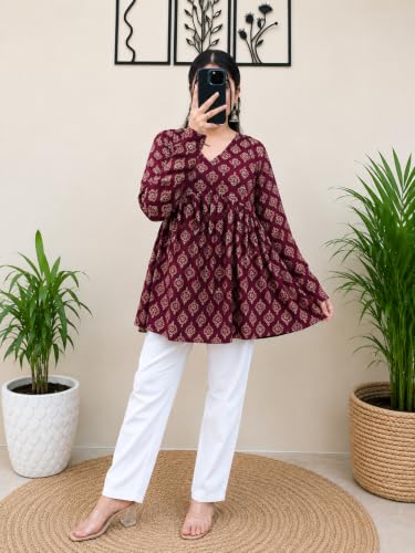 Image of Women's V Neck Short Kurti for Women | Floral Printed Cotton Blend Kurti | Full Sleeve Flared Tunic Top | Casual Ethnic Kurta Top for Women | Stylish Kurti with Jeans