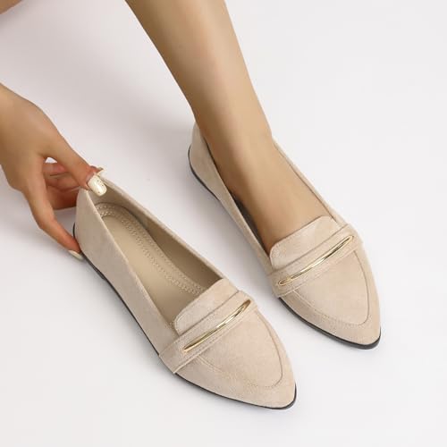Image of Pointy Toe Penny Loafers for Women Dress Office Work Flats Shoes | Comfortable Women's Faux Suede Leather Slip On Flat Loafers for Driving Business Casual Cute Ballet Shoes