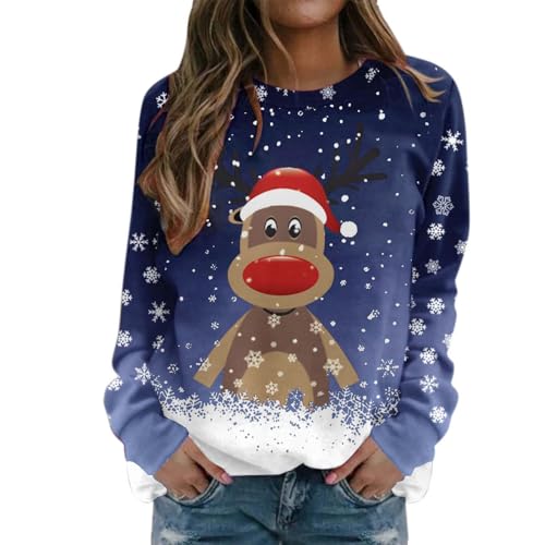 Weihnachtspullover Damen Elch Muster Lustige Weihnachten Rundhals...