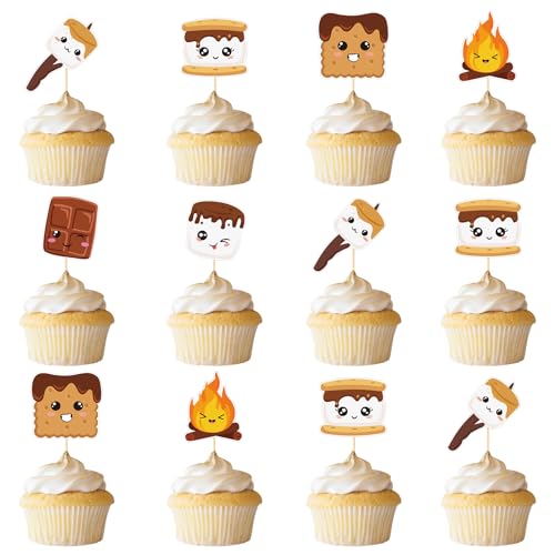 Firefairy S'more Cupcake-Topper, Happy Camper Birthday Cupcake-Topper, S'mores-Kuchenspieße, Camping-Thema, Babyparty, Cupcake-Topper, 24 Stück