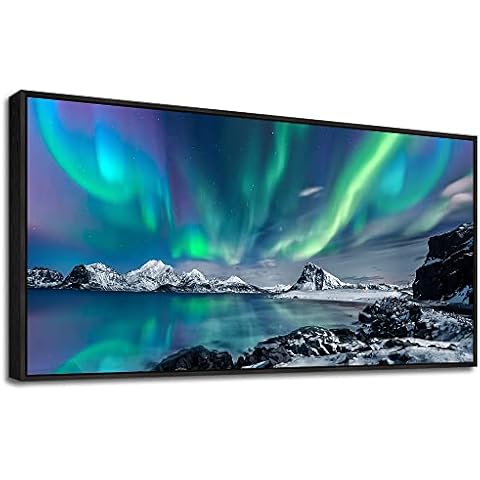 MHARTK66 Blue Aurora Scenery Canvas Pictures Artwork Framed Canvas Wall Art For Living Room Large Size Wall Decor For Office Bedroom Wall Decorations Paintings Ready To Hang Black Framed 20" x 40" Cover